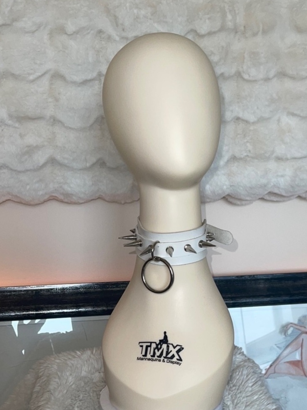 White Spiked Choker with Ring for men or women and placed the same one for women